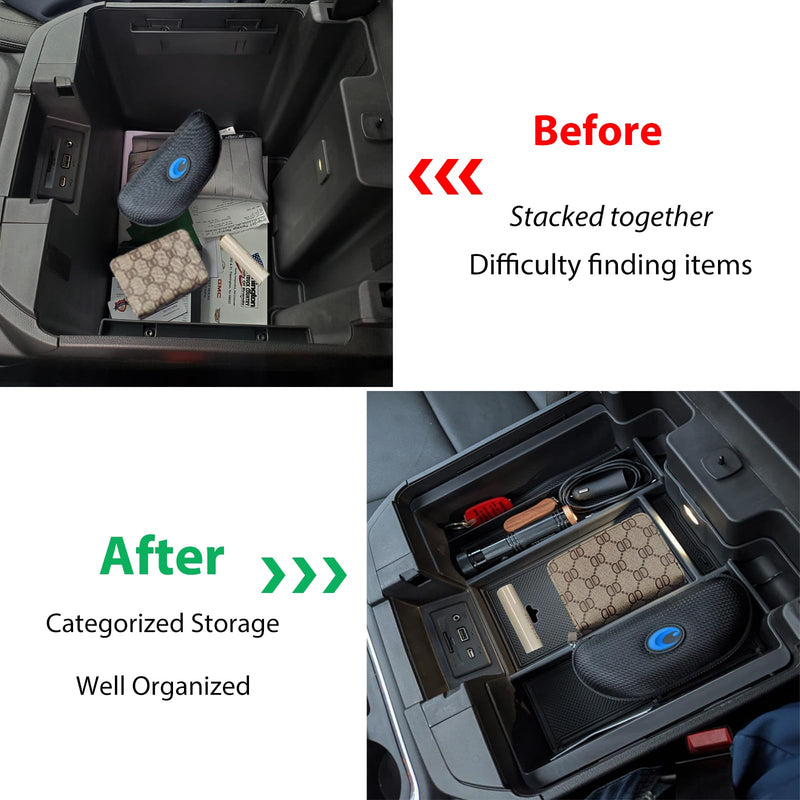 Center Console Armrest Box Organizer Tray for 2019-2022 Chevy Silverado/GMC Sierra 1500 and 2020-2023 Silverado/Sierra 2500/3500 HD Accessories (Full Console w/Bucket Seats ONLY) Black Trim