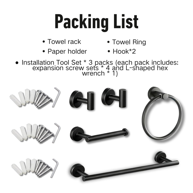 Bathroom Towel Holder Set, 16inch Wall Mounted Black Towel Bar Set for Bathroom,Black Bathroom Hardware, 5 Pieces Towel Rack Set for Bathroom