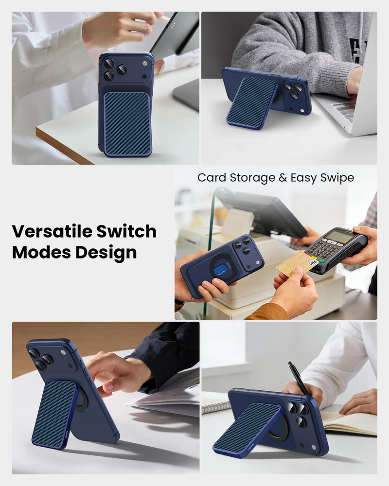 Nillkin MagSafe Wallet Stand, Hold 3 Cards, Aramid Fiber, Adjustable Stand | RFID Blocking, Men Credit Card Holder, Phone Wallet for iPhone 17 Pro/16/15/14/13/12, Fit for Samsung, MagSafe Case, Blue
