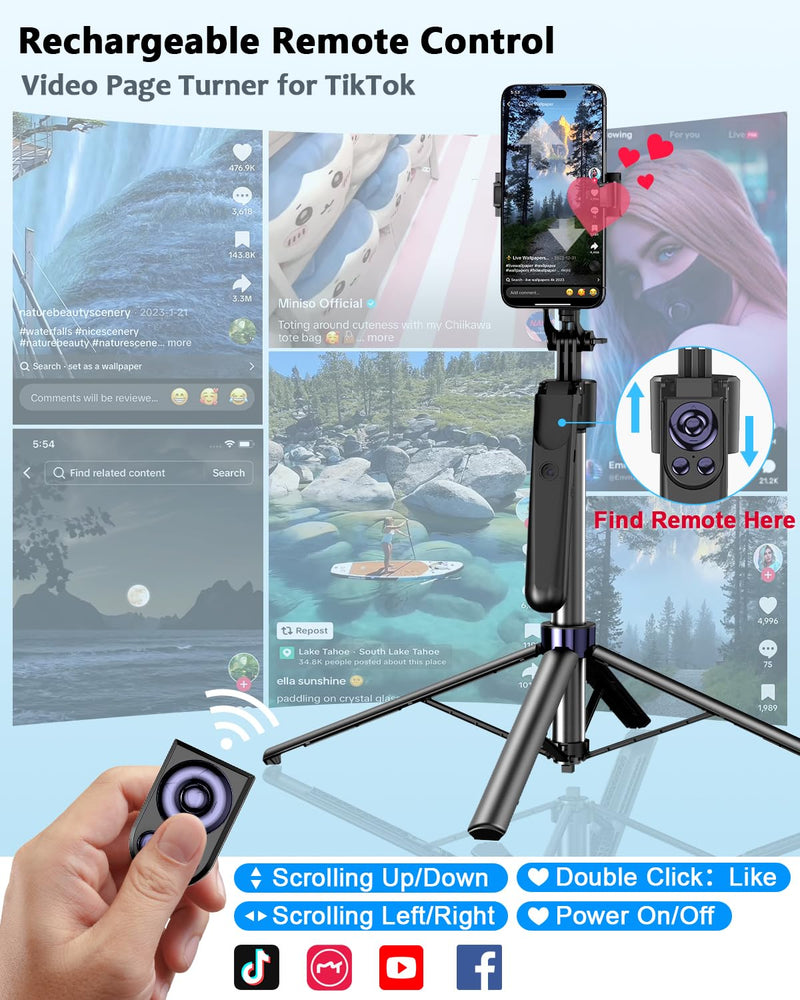 Vlogging Kit for iPhone/Android, 63”Auto Face Tracking Tripod for iPhone with Light, Wireless Microphones, Scrolling Remote Control for TikTok, Content Creator Kit for YouTube Starter Auto Face Tracking Tripod with Mic