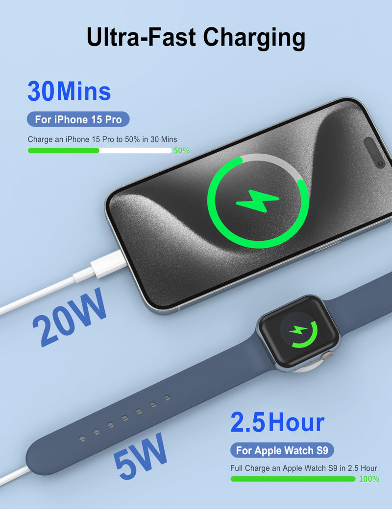 Apple Watch Charger, 60W 2-in-1 Fast Charging Cable, Upgraded 4ft Cable with a Built-in USB-C, and a Magnetic iWatch Connector for Apple Watch Series SE 9/8/7/6/5/4/3/2/1, iPhone 15, iPad Pro