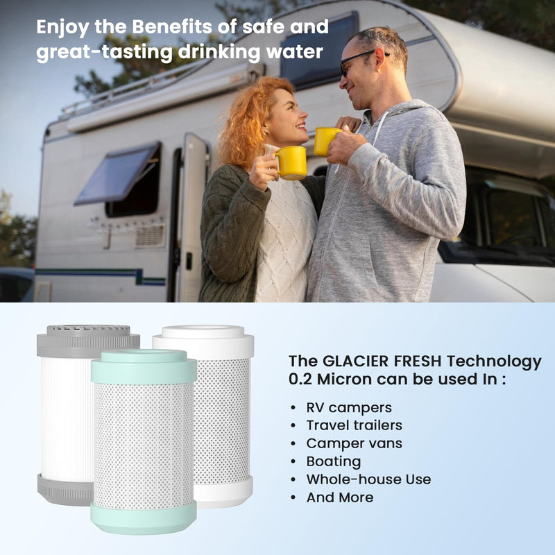 GLACIER FRESH Replacement cartridges for RV Water Filter System, 0.2 Micron High Flow Filter, Sediment “Longevity” by GLACIER FRESH, and Granular Activated Carbon “Tasty”.… RV Water Filter/three