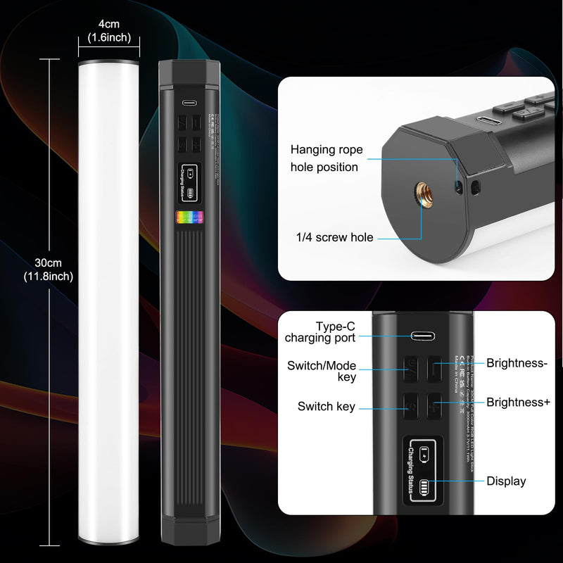 PULUZ 11.8" RGB Full Color Photography Light Stick, Holdable Magnetic LED Stick Fill Lights with 1/4 inch Screw Holes, Rechargeable Tube Light with 20 Lighting Effects for Photography Lighting 30cm/11.8"