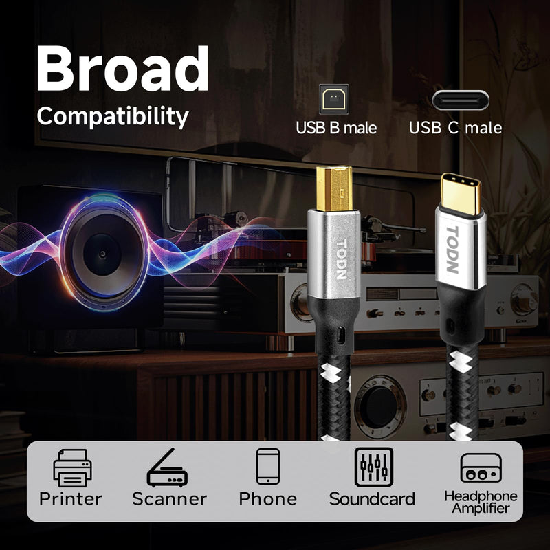 TODN Audiophiles USB Printer Cable Type C/USB C to USB 2.0 B High Speed Data Transfer DAC Cable (9.8ft/3m) 9.8ft/3m Type-C to USB B Pro