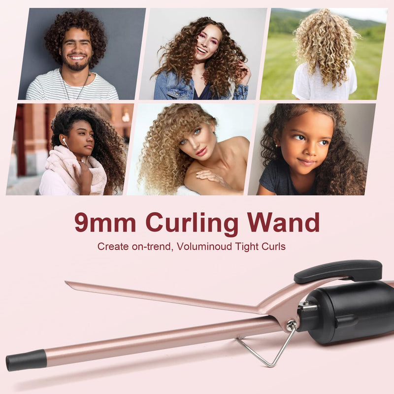 JAETON Curling Wand 9MM, Thin Curling Iron, Create Tight Curls Black