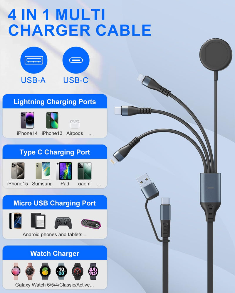 Multi Charging Cable for Samsung Watch 6 Charger - 100W 4 in 1 Retractable USB C Fast Charger Cord Compatible with Galaxy S23/S22/21/Android/iPhone, 4FT Galaxy Watch 6/6 Classic/5 Pro/5/4 Charger