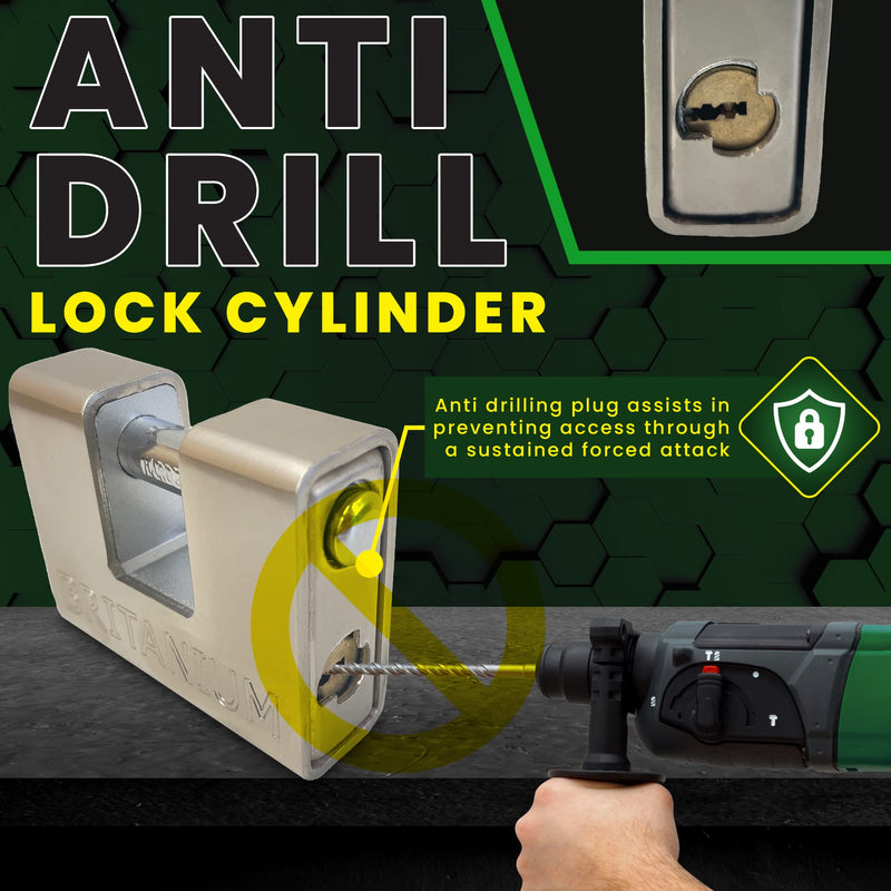 Britanium® BRP74 [Armoured] High Security Padlock - [Anti Drill Cylinder] - Heavy Duty Lock for Storage Unit with 0.67” Shackle Clearance, Motorbike, Shed & Garage Silver 74 mm 5 Keys