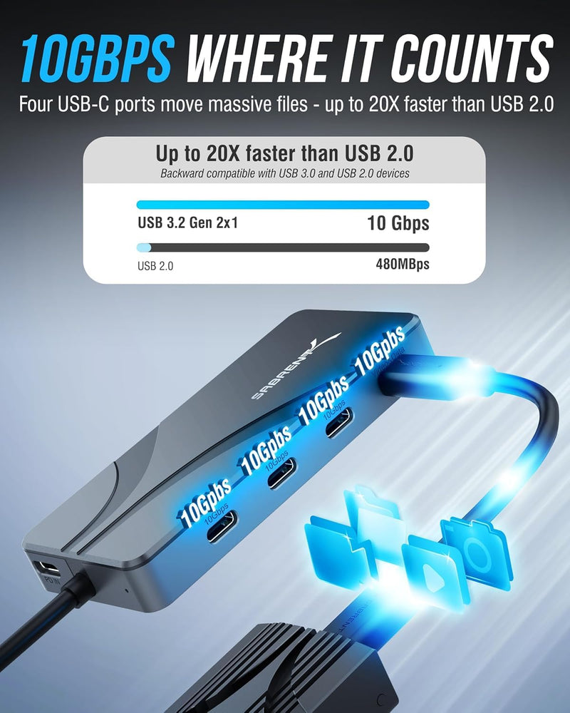 SABRENT OMNIPORT 7D USB-C Dock, Dual 4K HDMI, 100W PD (HB-UC7D) | Dual-monitor 4K@60Hz HDMI + USB-C video; 4x 10Gbps USB-C; 100W PD; MacBook, Steam Deck