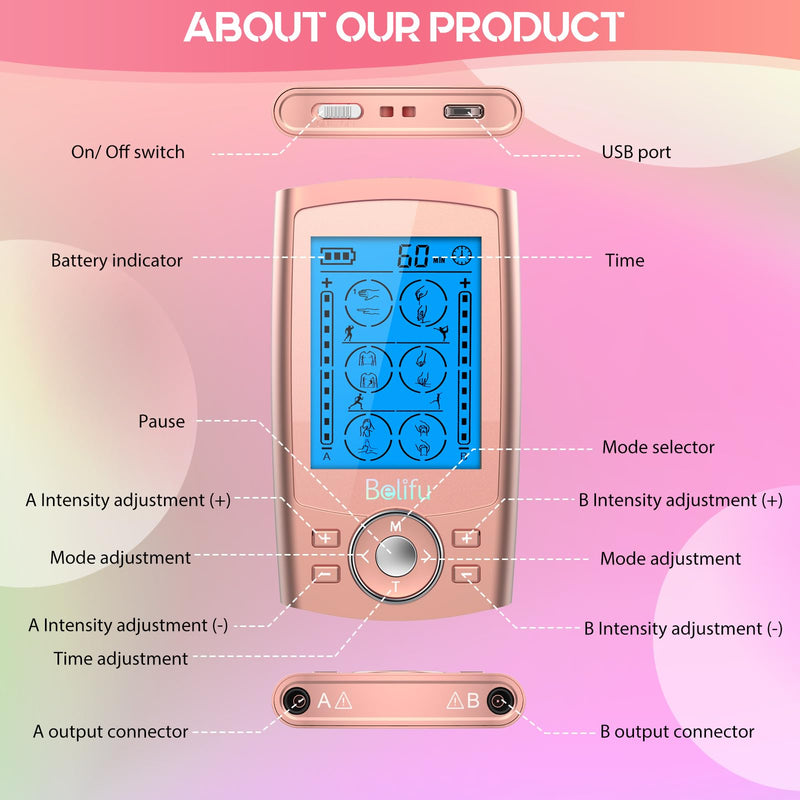 Belifu Dual Channel TENS EMS Unit 24 Modes Muscle Stimulator for Pain Relief Therapy, Electronic Pulse Massager Muscle Massager with 10 Pads, Dust-Proof Drawstring Storage Bag Pink
