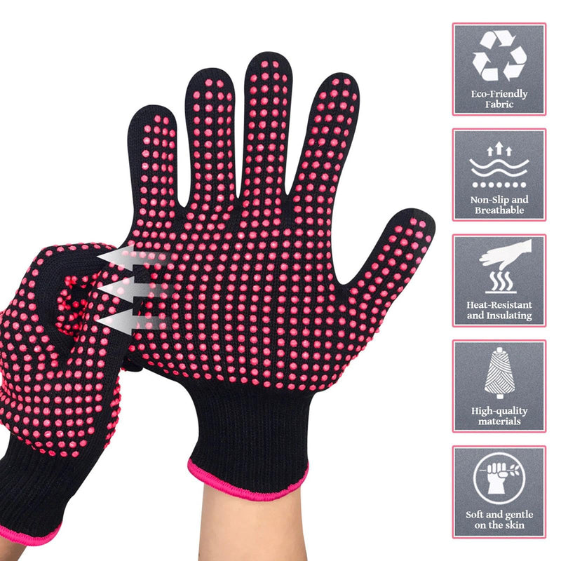 Heat Resistant Gloves 2 Pcs, Double Sided Non Slip Silicone Bumps Heat Glove, Pink Elastic Heat Proof Gloves for Hair Tools, Curling Iron Wand, Hair Straightener, Hot-Air Brushes, Hair Dryer