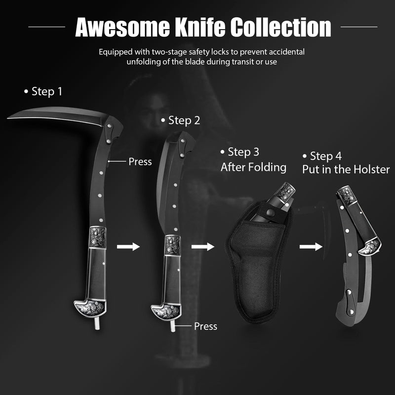 Black Sharp Folding Sickle Knife, Two Section Foldable Scythe Knife, Wooden Handle Folding Scythe Tool with Sophisticated Rose Pattern, Folding Kama Collection with Sheath
