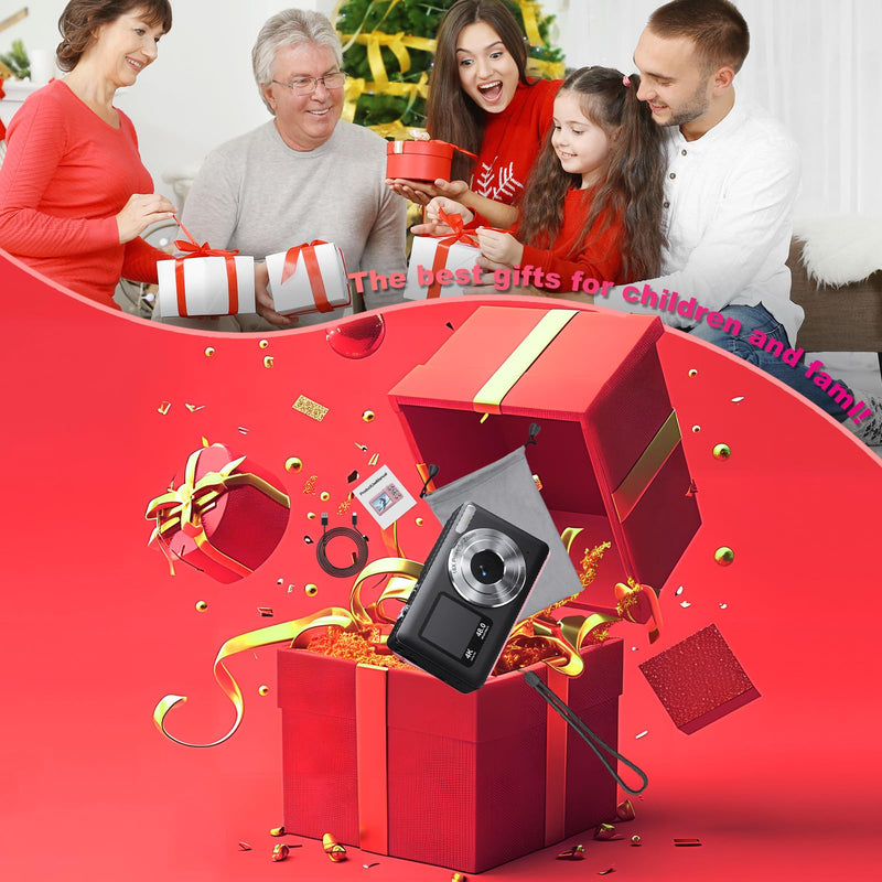Digital Camera Dual Screen Kids Camera 4K 48MP with Autofocus & 16X Zoom, Internal Battery, 64GB SD Card Included | Portable Selfie Camera for Teens Children, Starter Vlogging Cameras Black