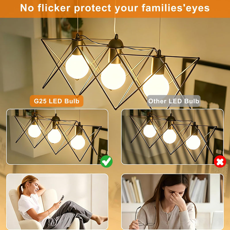Vinaco Glass LED G25 Globe Light Bulbs 60W Equivalent, G25 Dimmable 2700K Warm White Round Frosted Vanity Light Bulb for Bathroom Mirror and Chandelier, 6 Pack Milky Frosted G 25 E26 Bulb with 450LM E26 Base（Pack of 6） 2700k Matt White Glass