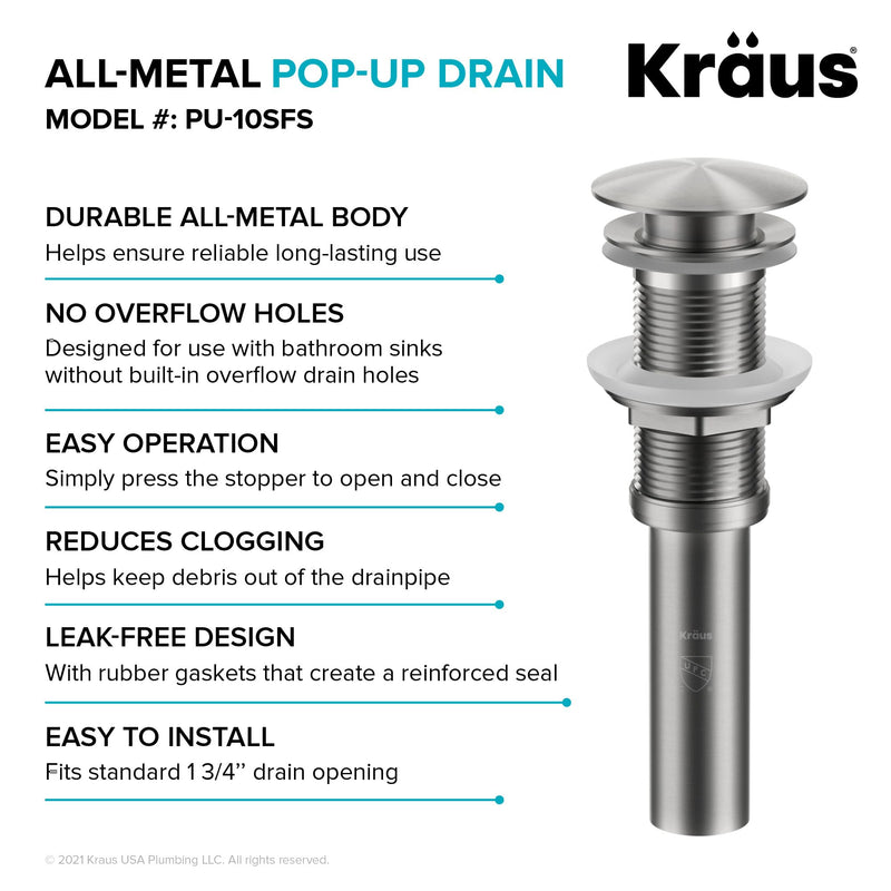 KRAUS Bathroom Sink Pop-Up Drain Assembly in Matte Black for Vessel Sinks and Sinks without Overflow, with Extended Thread for Thicker Countertops, PU-L10MB 10 3/4 Inch