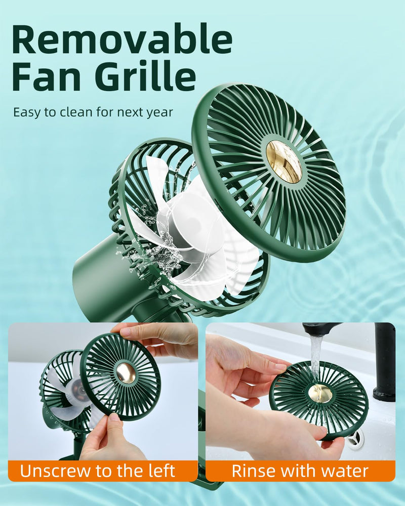 Usb Car Fan Oscillating Rechargeable Fan with Colorful Light Battery Powered, 360° Rotatable Portable Clip Fans That Blow Cold Air, Small Cooler Mini Fan Silent, for Vehicle Van Truck Suv Rv Green