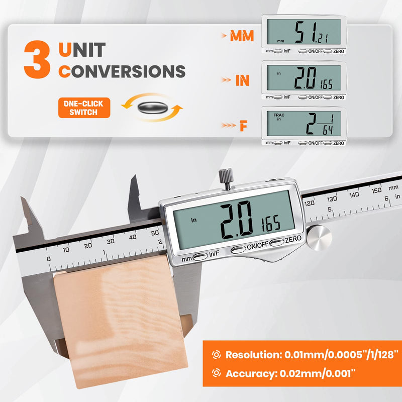 HARDELL Digital Caliper, Rechargeable Calipers with Large LCD Screen, Stainless Steel Caliper Measuring Tool, Auto-Off, Inch/MM/Fraction for DIY/Household/3D-printing 6 Inch