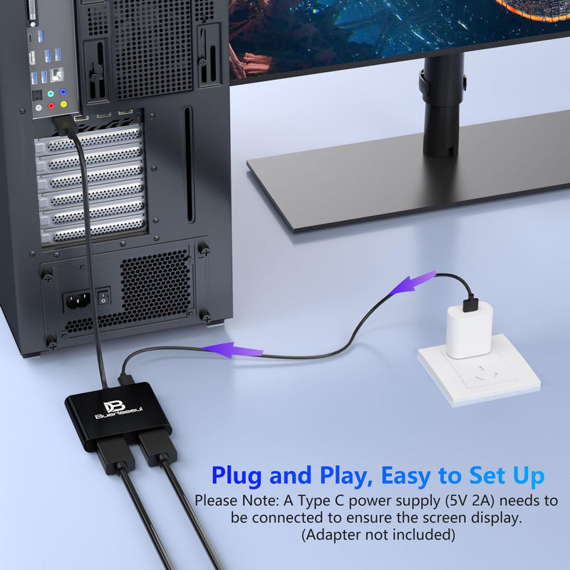 DisplayPort to Dual HDMI Splitter 4K@60Hz, USB-C Powered, DisplayPort 1.4 MST Hub DP to HDMI 1 in 2 Out Splitter for Dual Monitors Extended/Clone Mode for Desktop PC Graphics Card Home Office Gaming Black
