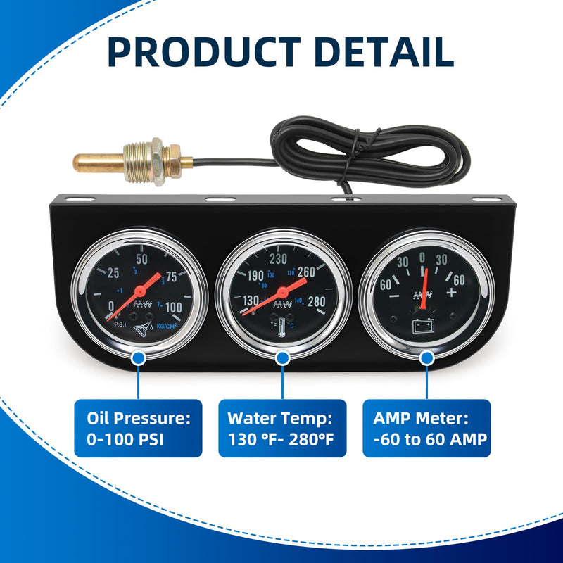 MH 2inch 52mm Triple Gauge Set, Oil Pressure (0-100PSI) Water Temperature (130°F-280°F) Ammeter AMP (-60 to 60) Car Auto 3 Gauges Cluster Set Automotive Kit Black