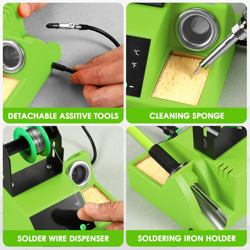 Soldering Station, 100W Digital Display Soldering Iron Station Kit with 2 Helping Hands, 356°F - 896°F, Auto Sleep, °C/°F Conversion, Solder Wire, Tips, Stand, Pump, Tweezers, Tip Cleaner, Green 938-green