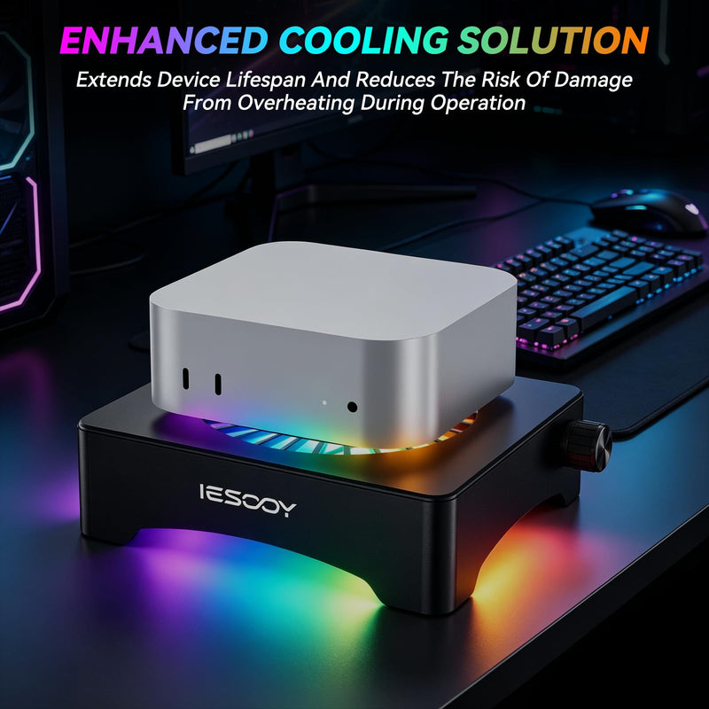 Aluminum Cooling Stand, Quiet 120mm 12V Fan with ARGB Light | Integrated Speed Controller, Compatible with Mac mini, Desktop, Router, TV Box, Mini PC, AV Receiver