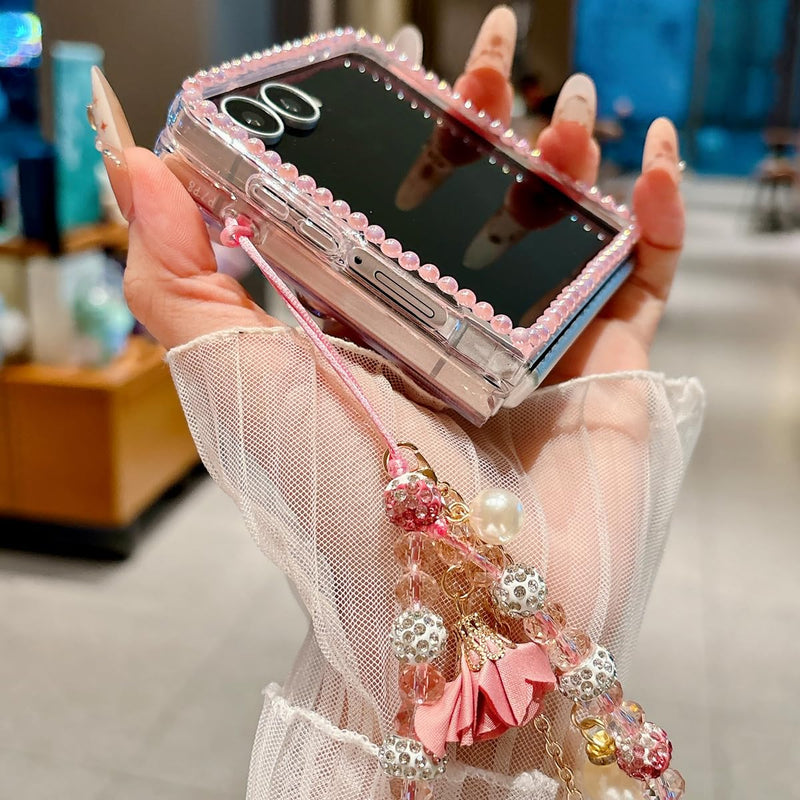 Changjia for Samsung Galaxy Z Flip 8 5G Glitter Bling Case,Cute 3D Sparkle Pearl Butterfly Crystal Rhinestones Flowers Diamonds Gems with Lanyard Wrist Strap Women Girls Case for Galaxy Z Flip 8,Pink Pink