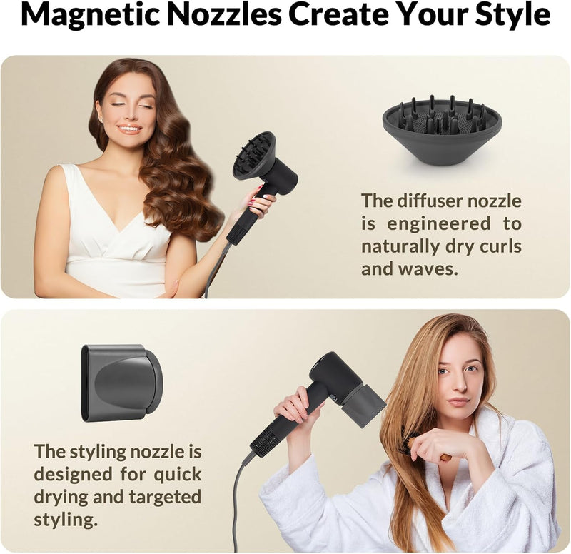  [AUSTRALIA] - Chignon Ionic Hair Dryer with Diffuser - 110,000 RPM Brushless Motor, 1600W Blow Dryer with Temperature Display & Magnetic Attachments, Low Noise for Salon Styling