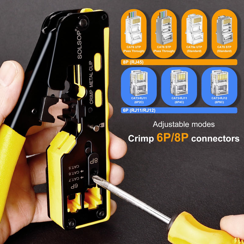 Solsop Pass Through RJ45 Crimp Tool Kit All-in-One Ethernet Crimper Cat7 Cat6 Cat5 Crimping Tool with Network Cable Tester, 50-Pack Cat6 RJ45 Pass Through Connector, 50-Pack Connector Boots RJ45 Crimper Set Yellow-A