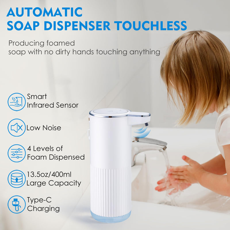 Automatic Foaming Soap Dispenser, 4-Level Adjustable Electric Foam Hand Soap Dispenser, USB Rechargeable Touchless for Bathroom Countertop, Kitchen, 13.5oz, Wall Mounted(White) White
