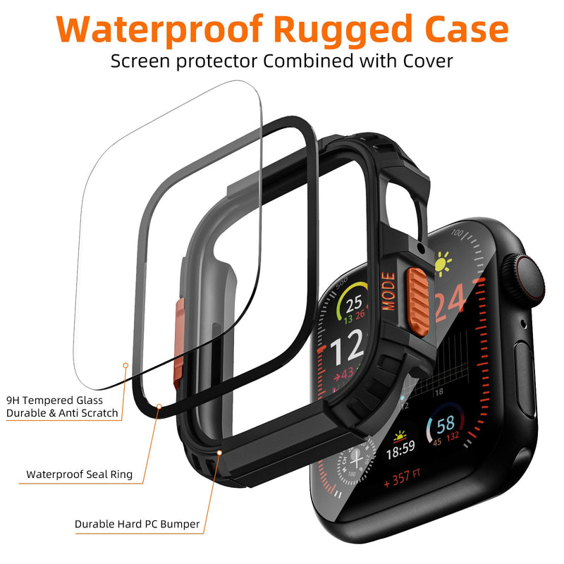 2 Pack Rugged Waterproof Case for Apple Watch 46mm Series 11 10 with Tempered Glass Screen Protector, Durable Hard PC Bumper Protective Face Cover for iWatch 46 mm Black/Ti