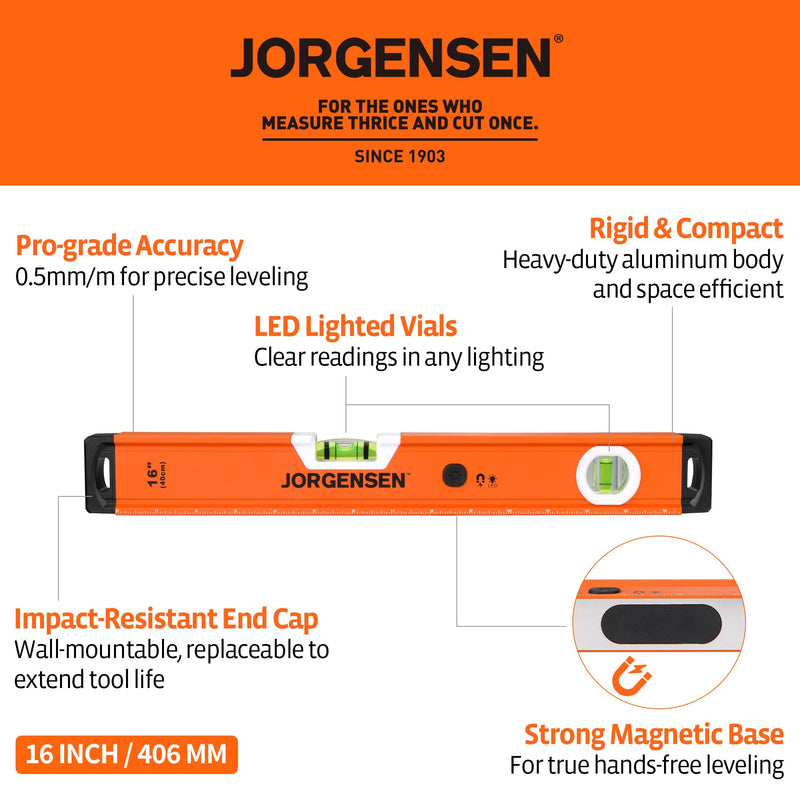 JORGENSEN 16 in. Magnetic LED Lighted Box Level with 90°/180° Bubble Vials, Illuminated leveler tool, Shockproof Rubber End Caps, Metric & Imperial Scale, Aluminum Frame, for Home Installations & DIY 16 inch
