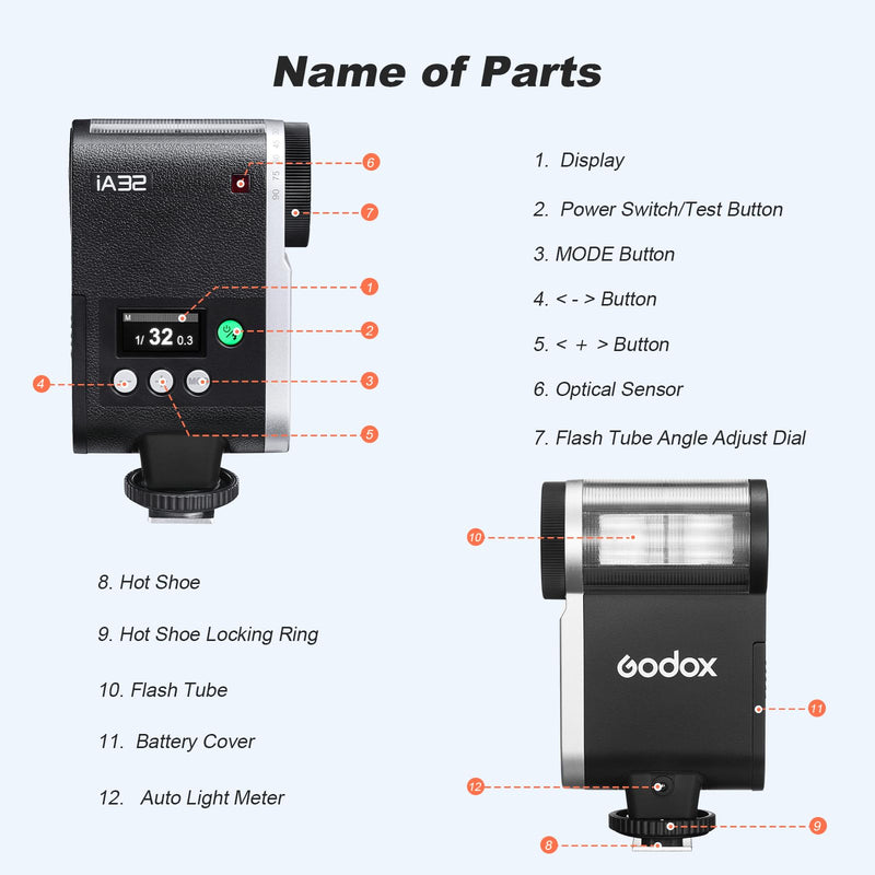 Godox iA32 Mini Camera Flash 490 Full-Power Flash 2.5sRecycle | 8 Levels Automatic Flash GN15 Mini Flash Speedlite for Sony zve10 Sony zv1 Ricoh gr3 Canon Nikon Fuji Olympus Camera