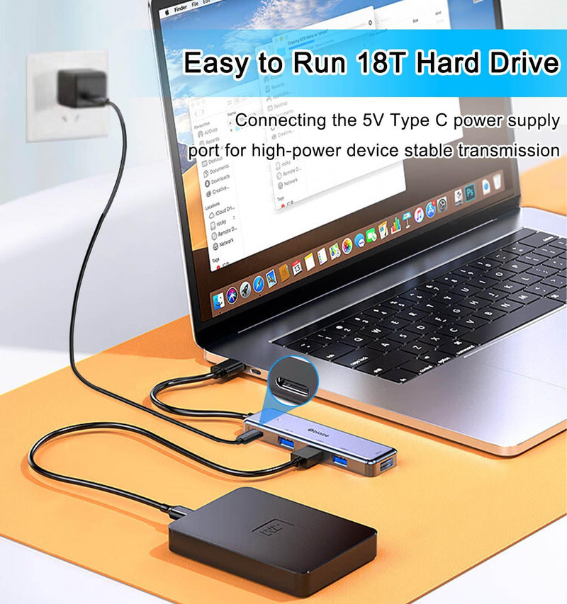 USB 3.0 Hub 5 in 1, USB Splitter with USB-C Power Port, USB-C Data Port, USB Port Hub USB Extender for MacBook, Laptop, Surface Pro, PS4, PC, Flash Drive, Mobile HDD USB 3.0 Hub Silver
