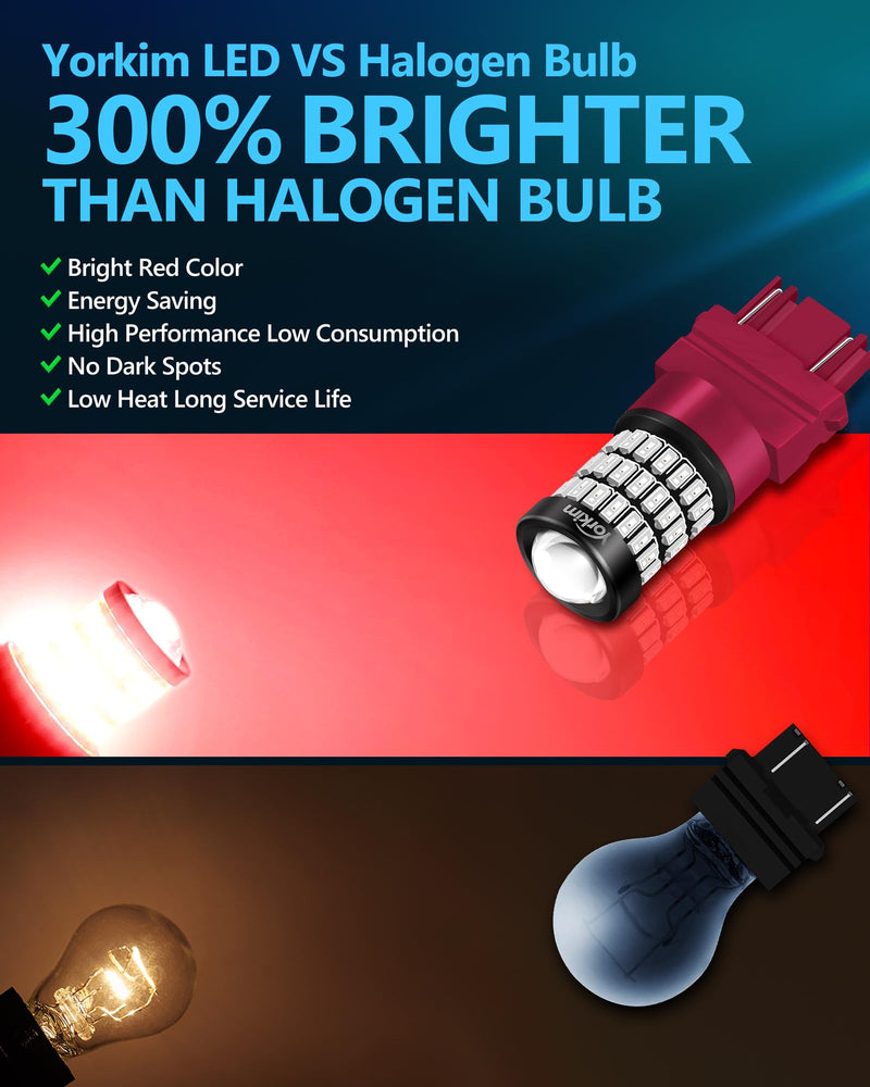 Yorkim 3157 Led Bulb Red 3157 Led brake bulb tail lights 3157 blinking brake lights with Projector 3056 3156 3057 4057 4157 T25 Led Bulbs red, Pack of 2