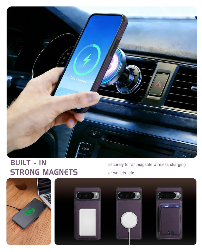 Magnetic Detachable Wallet Case for Google Pixel 10/10Pro with Kickstand,2-in-1 MagSafe Compatible RFID Blocking Card Holder,Slim PU Leather Cover Purple For Pixel 10/10Pro