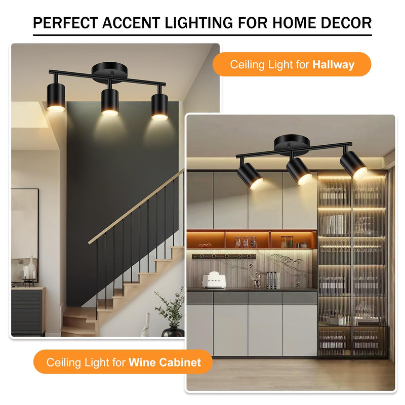 LED Track Lighting Fixtures Ceiling, Black 3-Light Track Lights for Kitchen, 3 Way Ceiling Spotlight, Flexibly Rotatable Wall Mount Light Head for Bedroom Hallway, Bulb Not Included 3-Light Track Lighting