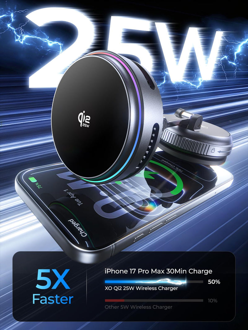 XO Qi2.2 Magnetic Car Mount Charger,25W Fast Charging with Cooling Fan and LED Light, 360° Rotatable Strong Hold Car Phone Mount with for Phone,Universal Fit for Most Vehicles, Easy Installation