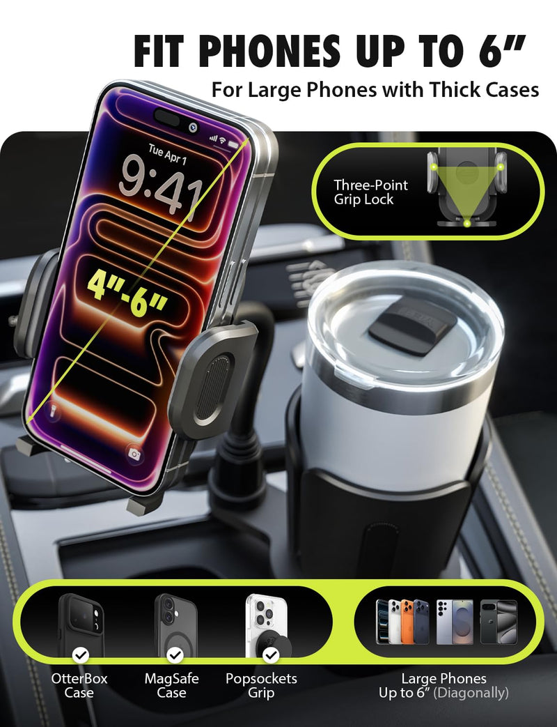 Bracketron TripGrip 2.0 Cup Holder Phone Mount, Metal Gooseneck | TripGrip 2.0 2-in-1 cup holder phone holder with metal arm, one-click release, and expandable base for trucks