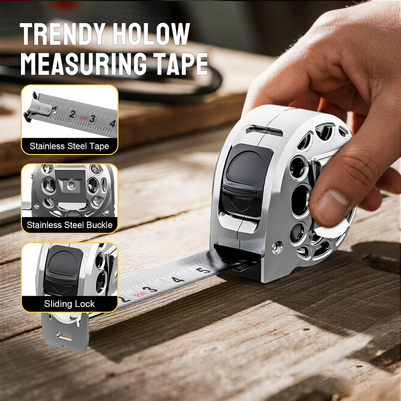 STEELITE Tape Measure 25'FT Stainless Steel Waterproof & Rustproof Retractable Measuring Tape with Hollow Design Bright Silver