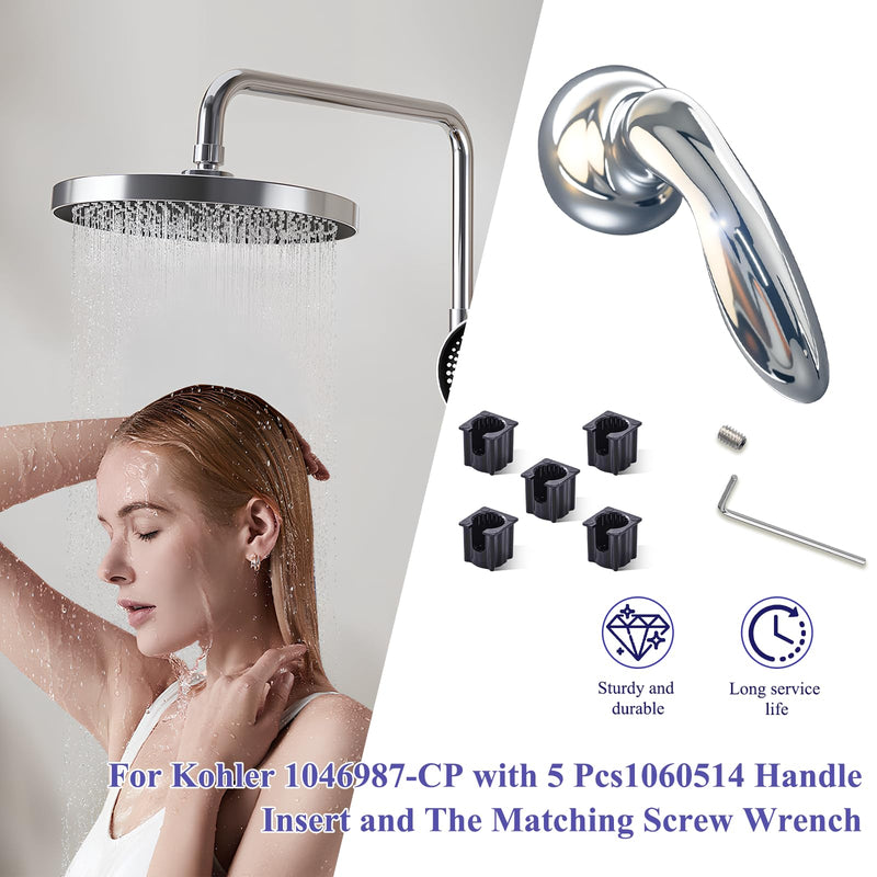 1046987 Shower Faucet Handle Replace for Kohler 1046987-CP ，with 5 Pcs1060514 Handle Insert and The Matching Screw Wrench, Polished Chrome