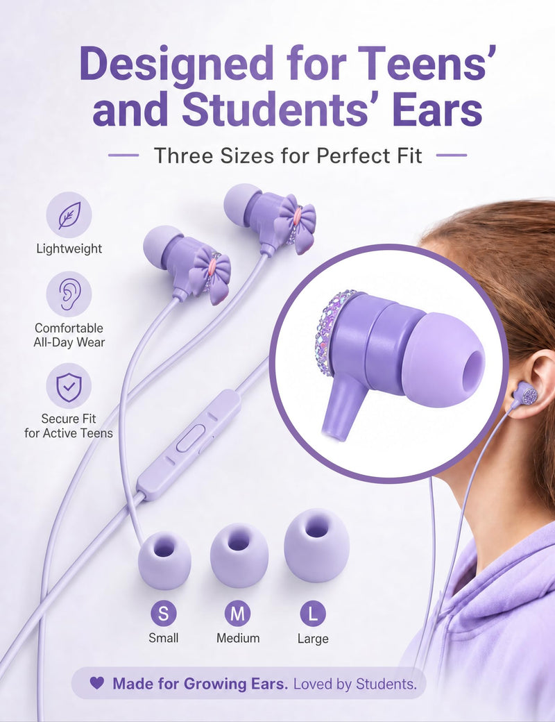 Teens Wired Earbuds with Case, 3.5mm Headphones for School, Bowknot | GOGOSINIS Wired Student Earbuds, with Carabiner Clip to Attach on School Backpack, Small Eartips, for PC and Tablets