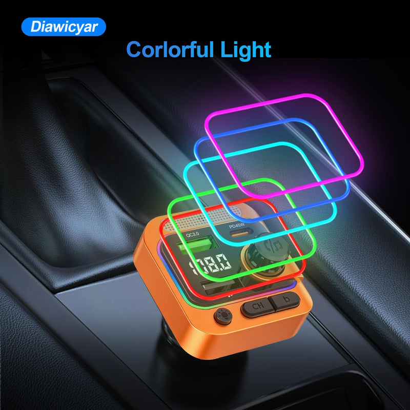 63W FM Transmitter Bluetooth Car Adapter, Wireless FM Bluetooth Transmitter | [PD 45W & QC3.0] Fast Charge, Deep Bass Player, Hands-Free Calling, Orange