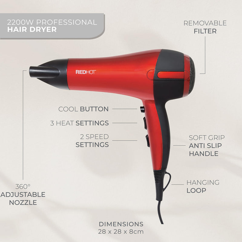 Red Hot 2200W Hair Dryer / 3 Heat Settings, 2 Speed Settings/Cool Air Function, Removable Styling Nozzle, Fast Drying Hair Dryer/Red 37060 2200W Professional Hair Dryer Red