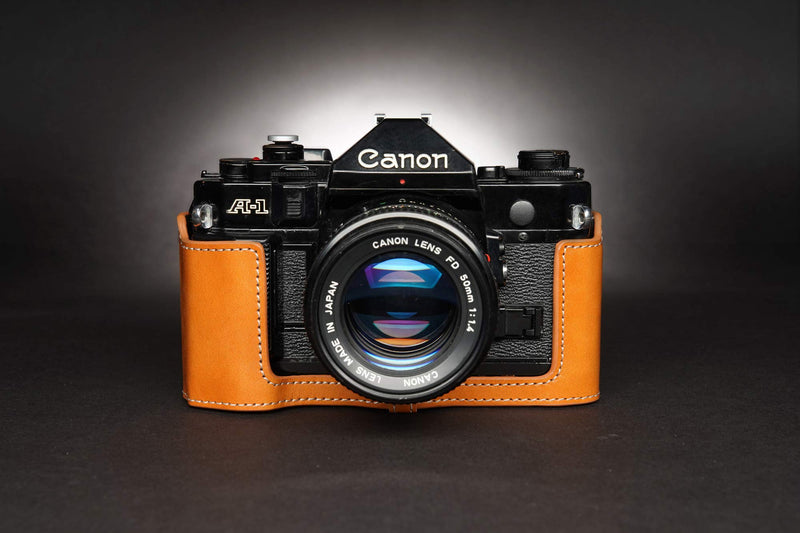 A-1 Case, BolinUS Handmade Genuine Real Leather Half Camera Case Bag Cover for Canon New AE-1 AE-1P A-1 (with Handle) Camera with Hand Strap (Yellow) Yellow