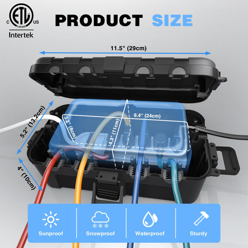 Flemoon [2 Pack] Outdoor Electrical Box Waterproof, Medium Weatherproof Electrical Box (11.5x5.2x4 inch) w/6 Cable Entry Ports, Extension Cord Cover for Power Strip, Timer, Plug, Holiday Light, Black 2 Pack