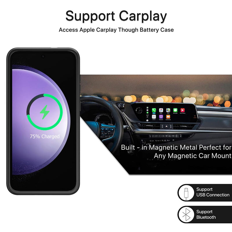 Battery Case for Galaxy S23 FE,Upgraded 12000mAh High Capacity Rechargeable Portable Protective Extended Charger Case Wireless Charging Compatible with S23 FE(6.4 inch) Charging Case & Carplay Black