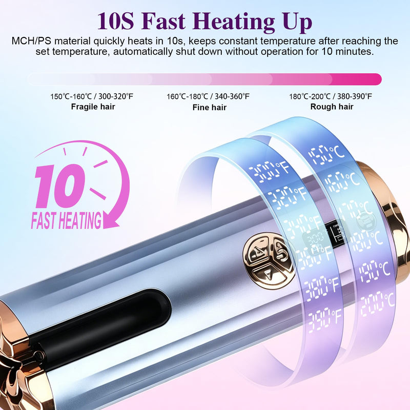 Automatic Hair Curler, dual-temperature display (°C and °F), Curling iron with 6 Temperature Settings,equipped with a 5200mAh battery with left-right rotation function,suitable for home and travel use