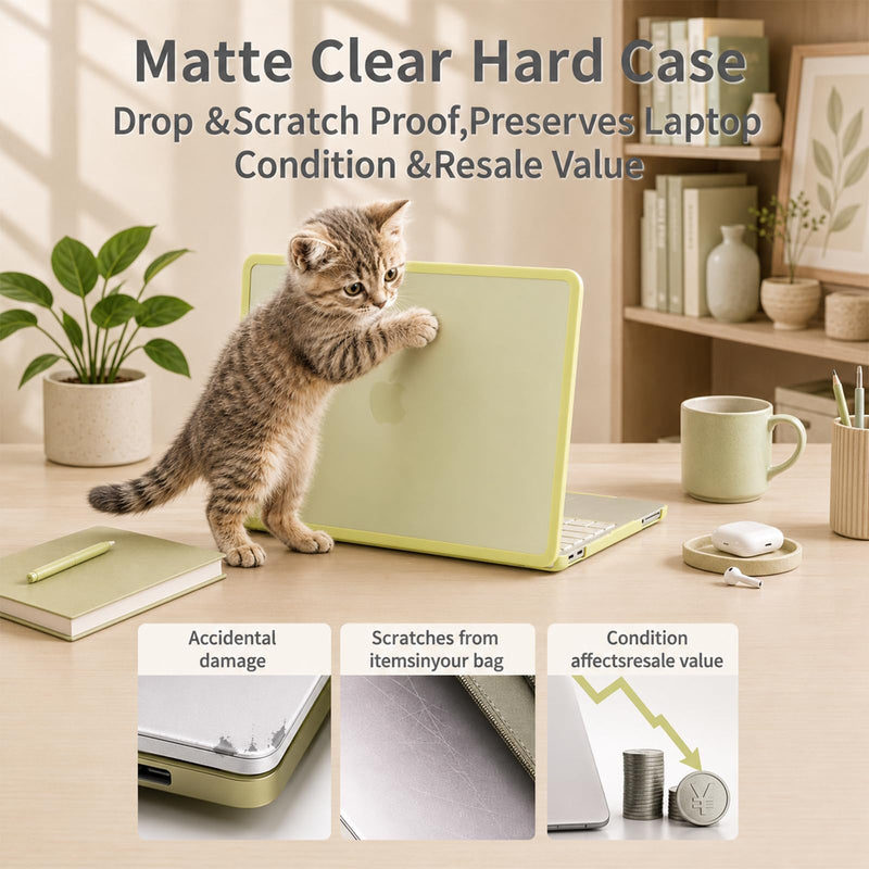 3-Piece Set Protector Case for 2026 MacBook Neo 13 Inch | Matte PC shell with screen protector, matching keyboard cover, thickened edges, vented bottom, and precise snap-on fit Yellow