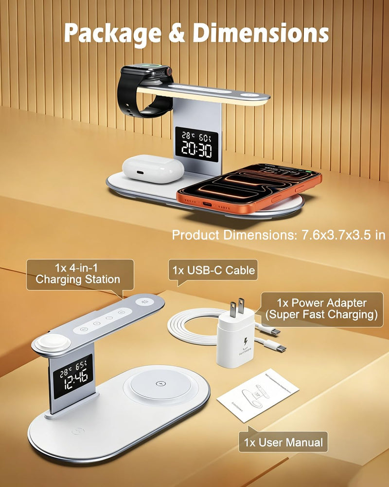 5 in 1 Wireless Charger for iPhone, iWatch, AirPods | 2026 Upgraded Charger Station with Fast Charging Adapter, Bedside Lamp for iPhone 17-12, iWatch 3-11, AirPods, White Silver