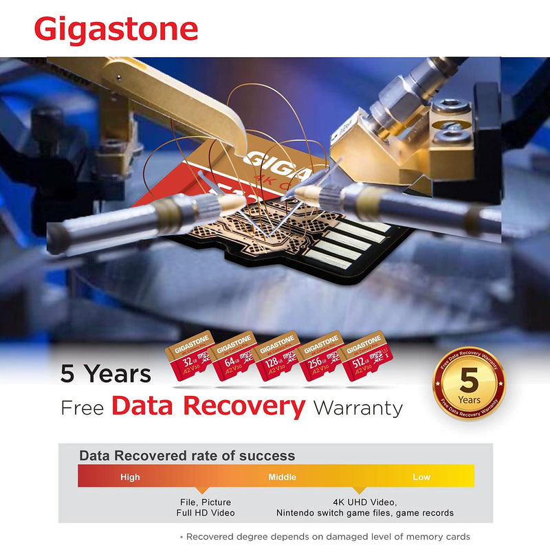 [5-Yrs Free Data Recovery] Gigastone 512GB Micro SD Card, 4K Camera Pro, A2 V30 for Smartphone, Gopro, Action Cams, 4K UHD Video, For Nintendo-Switch, Up to 100MB/s, UHS-I U3 C10 Class 10 with Adapter 512GB 4K Camera Pro 1-Pack