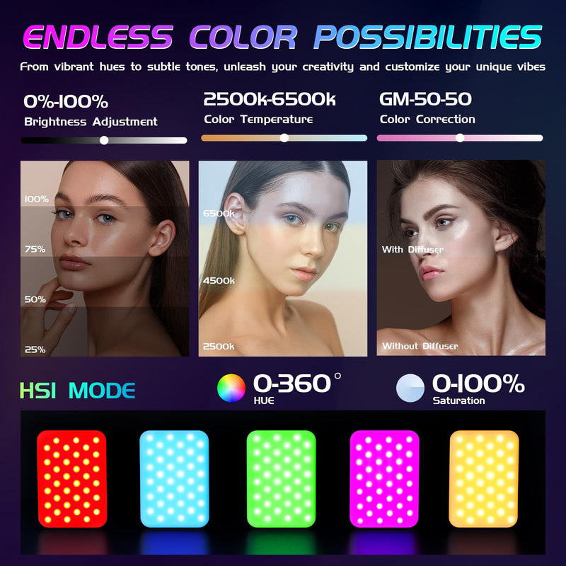RGB Light - BANSINE USB-Rechargeable RGB Selfie Light with 97+ CRI, 2500K-6500K 360° Full Color Video Light with 20 Lighting Effect for Party Video, Live Streaming and Photography